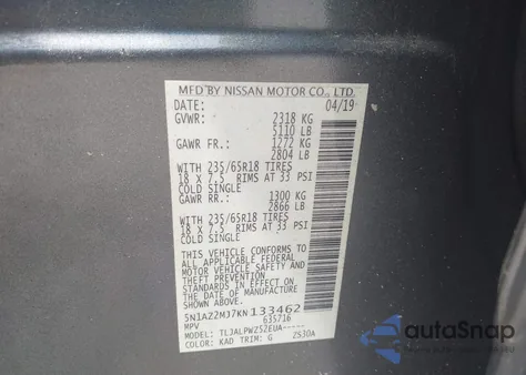 2019 Nissan Murano S z USA, uszkodzony, nr VIN 5N1AZ2MJ7KN133462